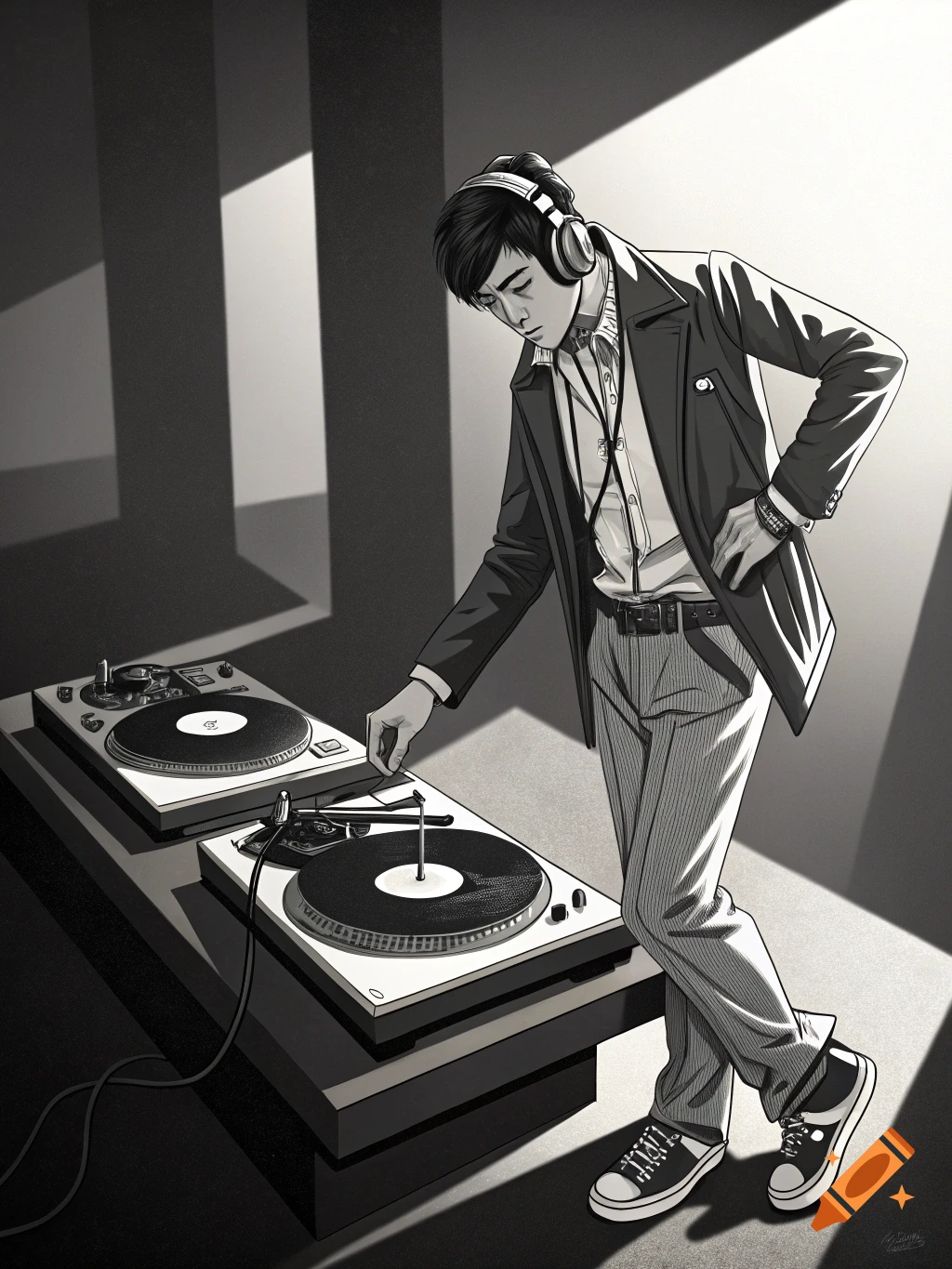 A black and white illustration of a man wearing headphones, leaning over and operating two turntables under a spotlight.