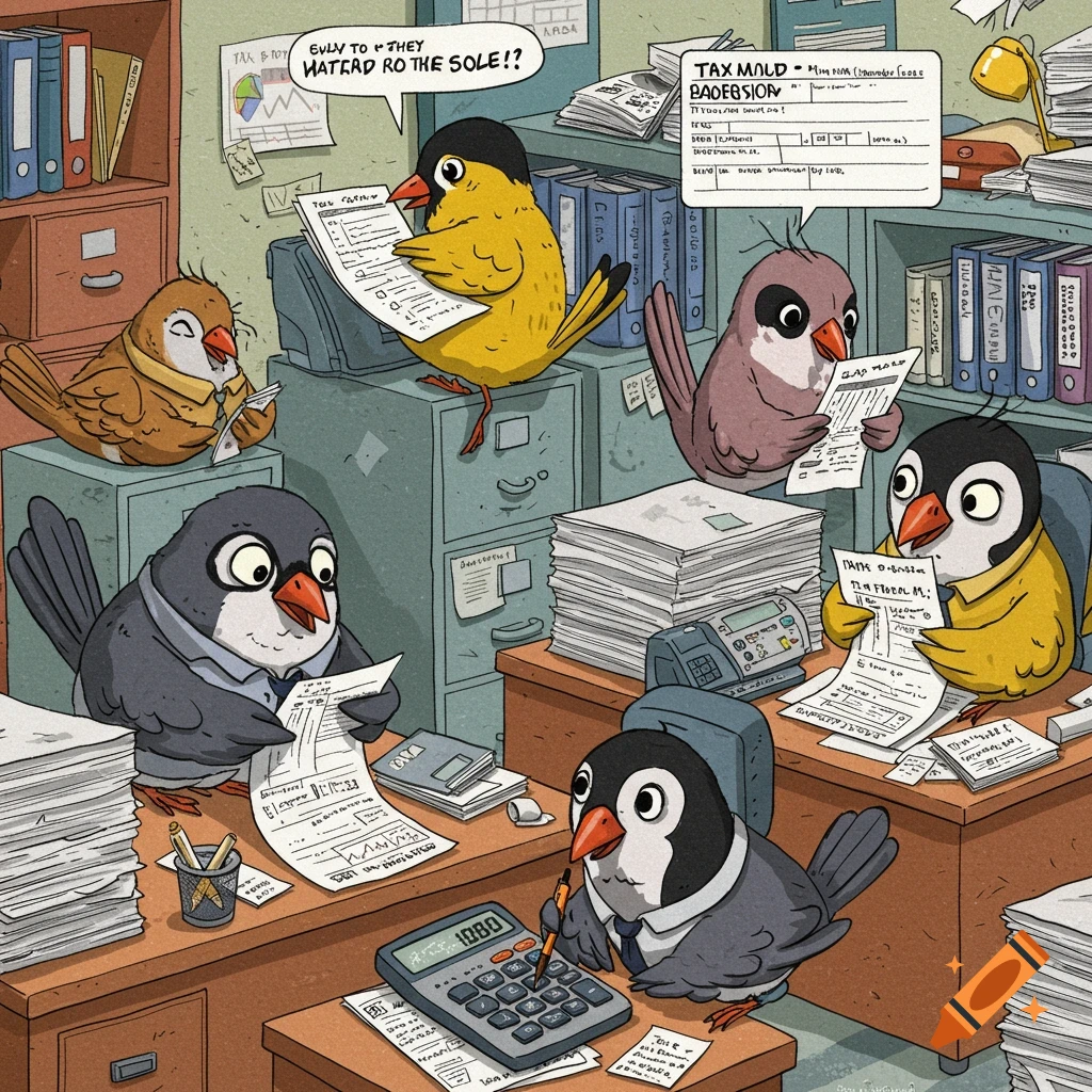 Cartoon birds dressed in shirts and ties work in a cluttered office, surrounded by stacks of papers and filing cabinets. Some birds are reading documents, one is speaking, and another is using a calculator.