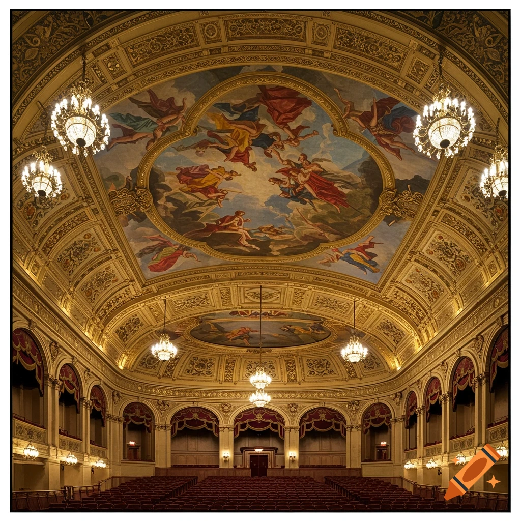 Ornate auditorium interior with a large frescoed ceiling, gold decorations, chandeliers, and rows of red seats.