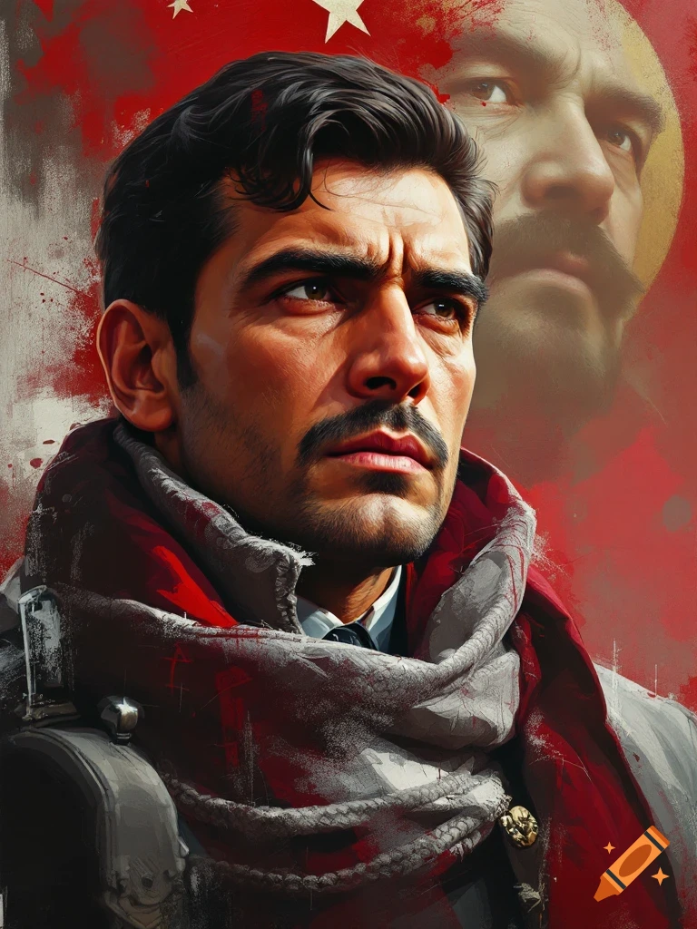 A dramatic painterly portrait of a man with dark hair and a mustache, wearing a grey and red scarf, set against a red background with a faint, ghostly second face.