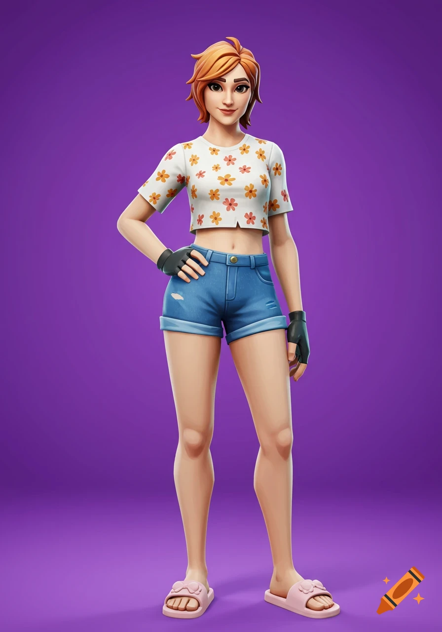 A Fortnite character with short ginger hair, a white floral crop top, blue denim shorts, and pink sliders on a purple background.