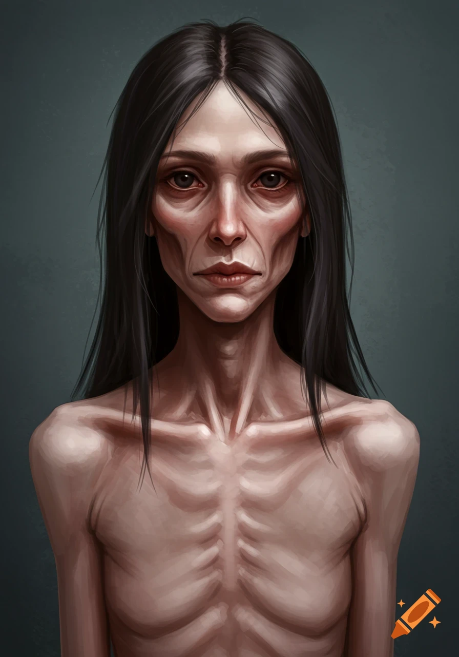Illustration of an extremely emaciated woman with long dark hair, showing prominent ribs and collarbones, against a dark background.