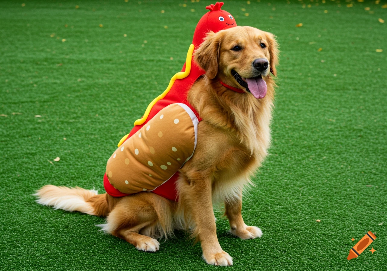 A Golden Retriever dog wearing a hot dog costume sits on green artificial grass with its tongue out.