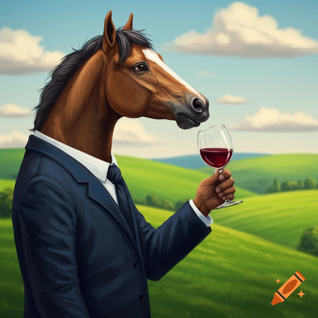 A horse with a brown head wearing a dark blue suit and tie, holding a glass of red wine, stands in a green, rolling field under a blue sky with white clouds.