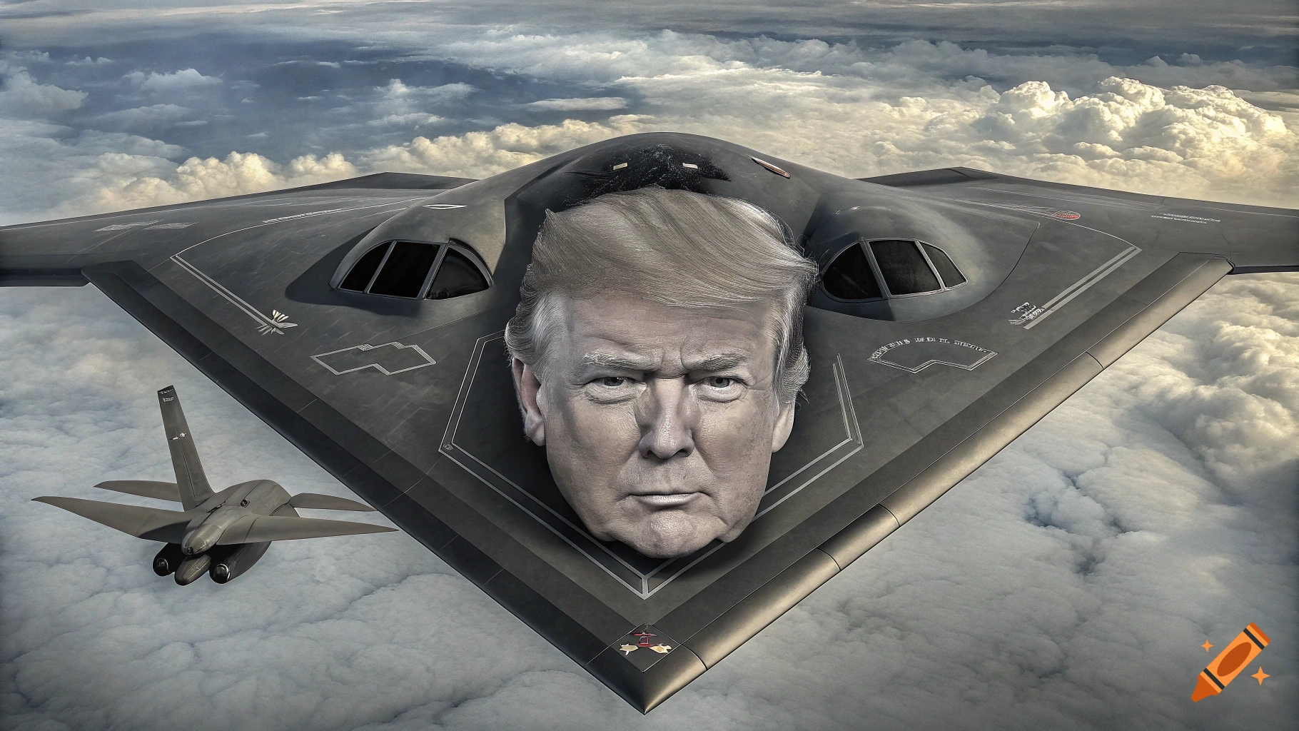 A B-2 stealth bomber with Donald Trump's head superimposed on its front flies above clouds, with another jet nearby.