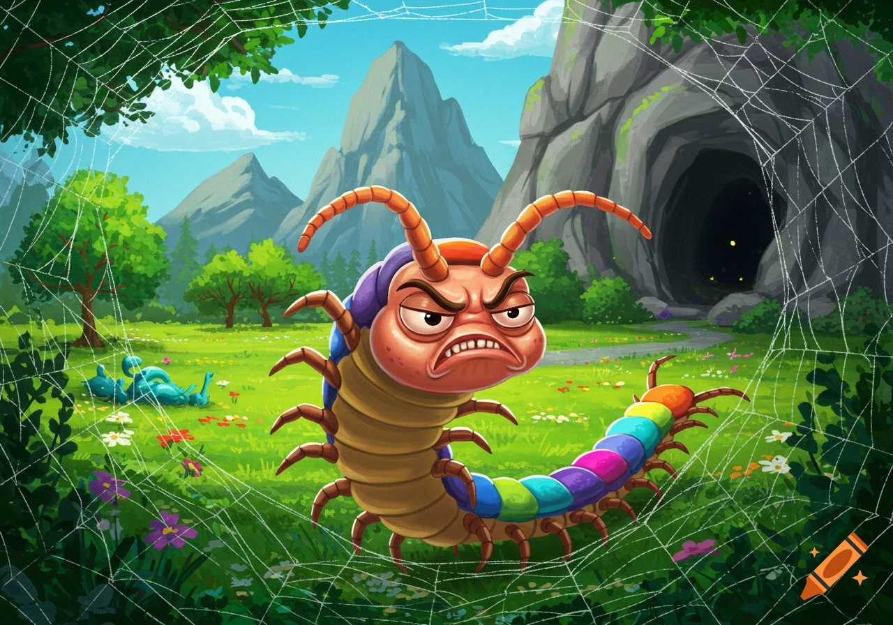 A cartoon rainbow centipede with an angry face sits in a park with mountains, a cave, and spider webs.