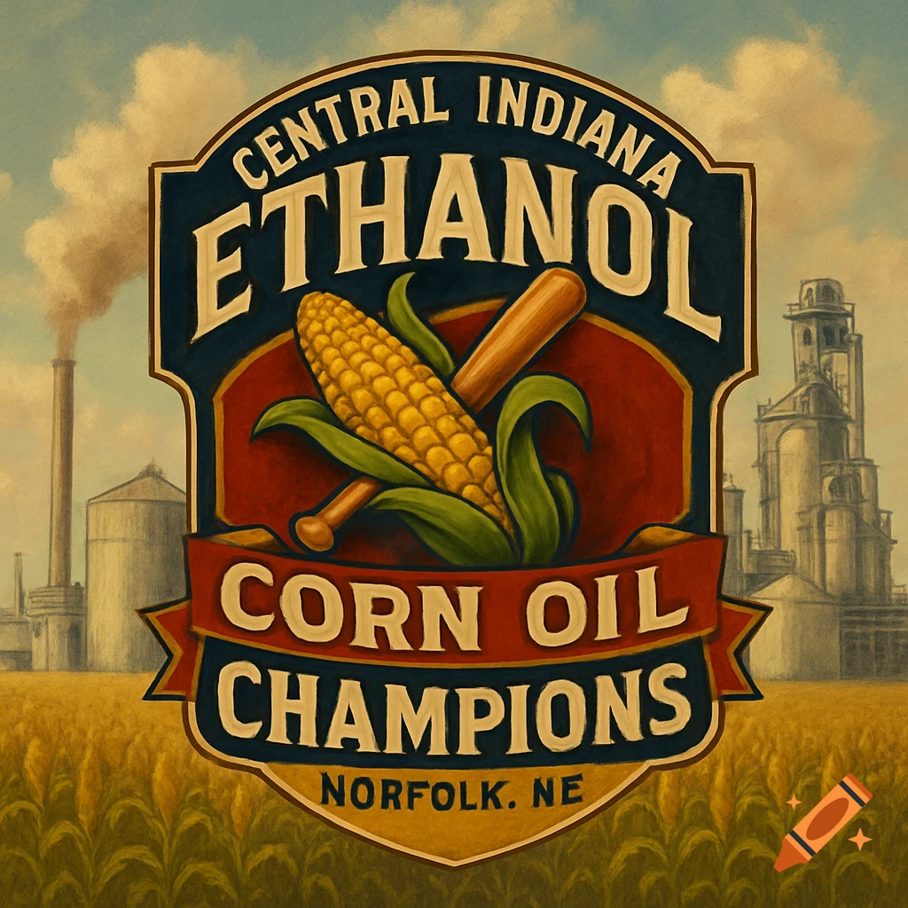 A vintage-style emblem for "Central Indiana Ethanol Corn Oil Champions" featuring an ear of corn, baseball bats, and an industrial plant in the background.