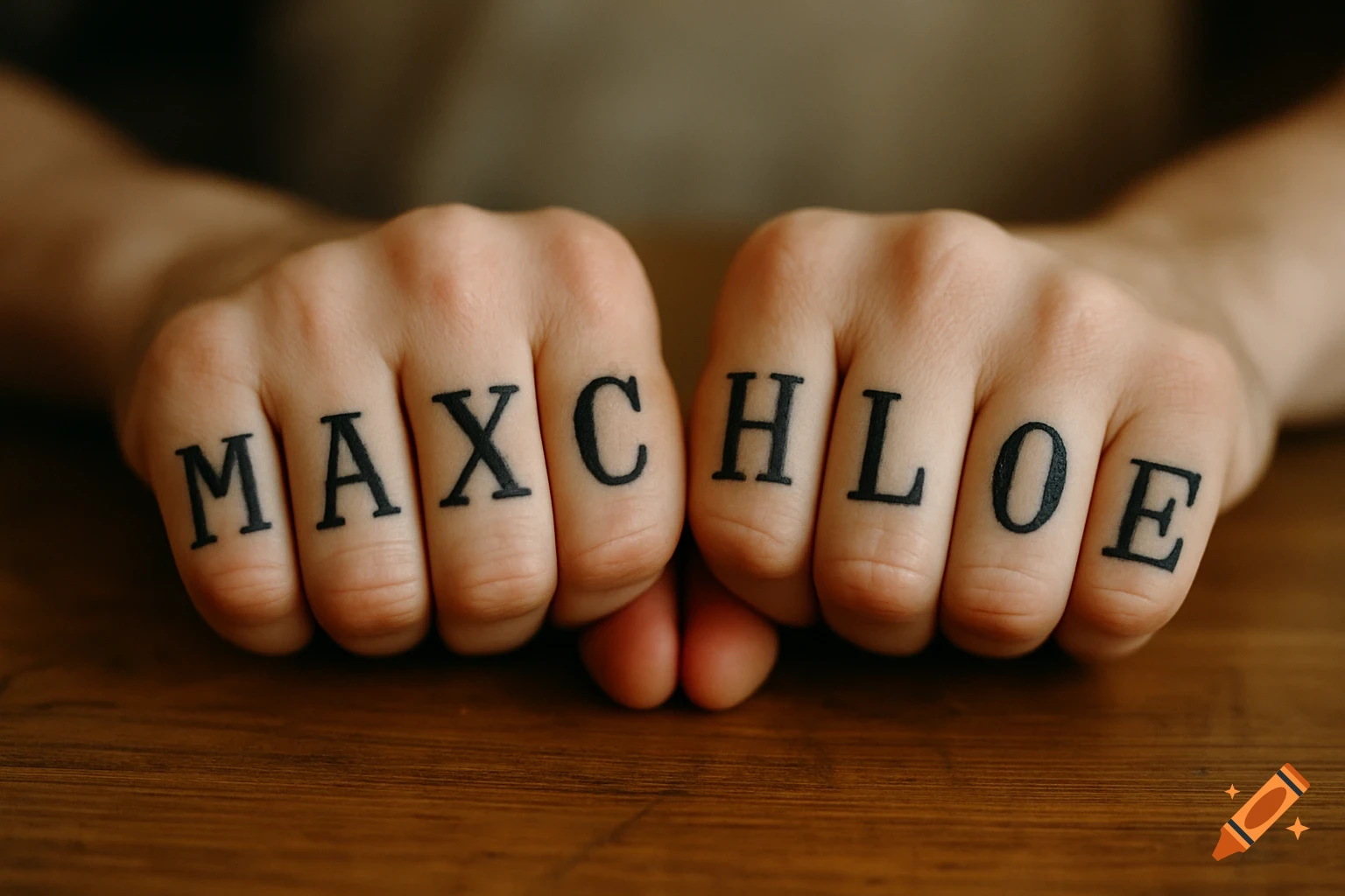Close-up of two clenched fists on a wooden table, with black tattoo letters spelling 'MAXCHLOE' across the knuckles.