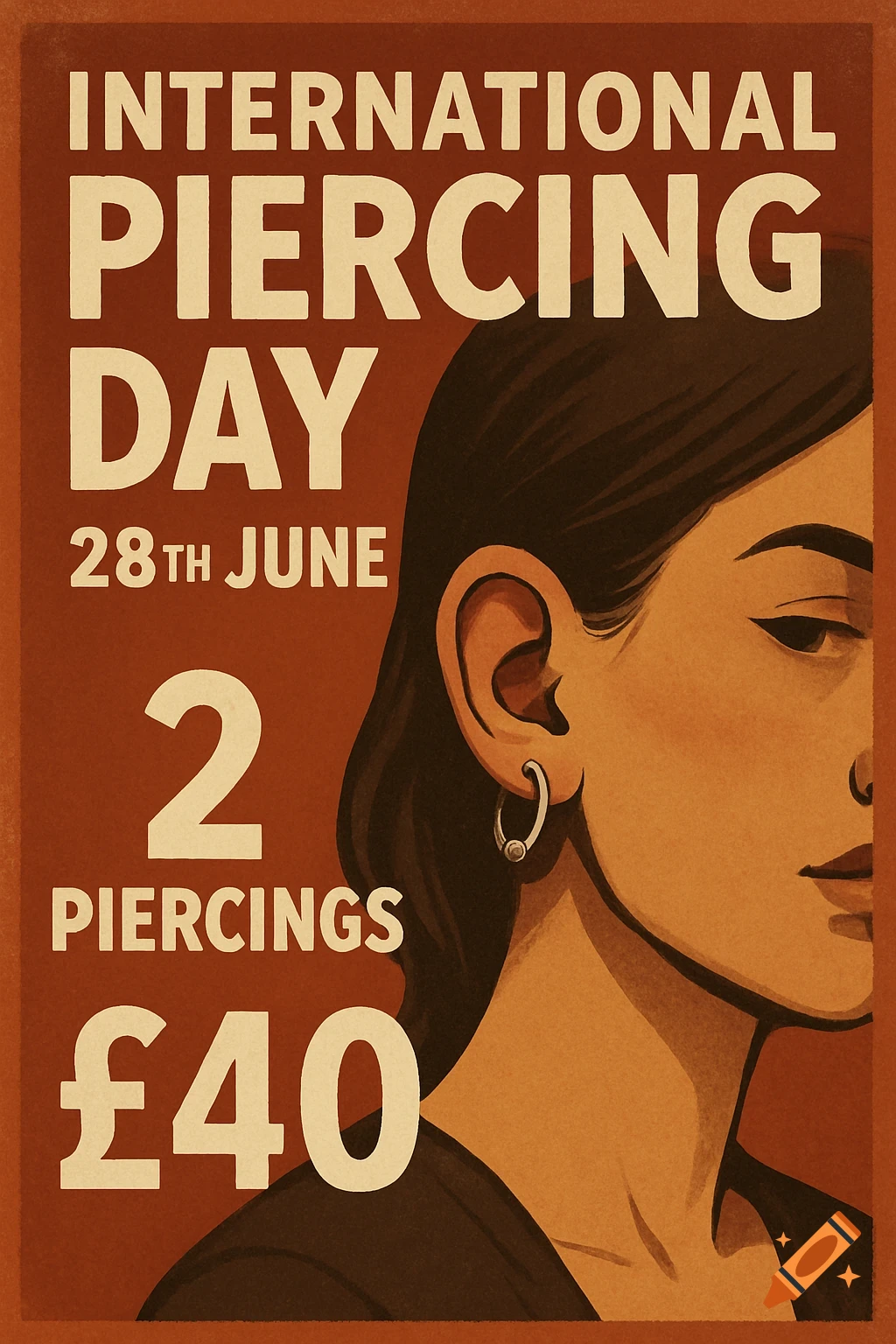 A vintage-style poster advertises "International Piercing Day" on "28th June," offering "2 Piercings £40." It features a woman's profile with a visible ear piercing.