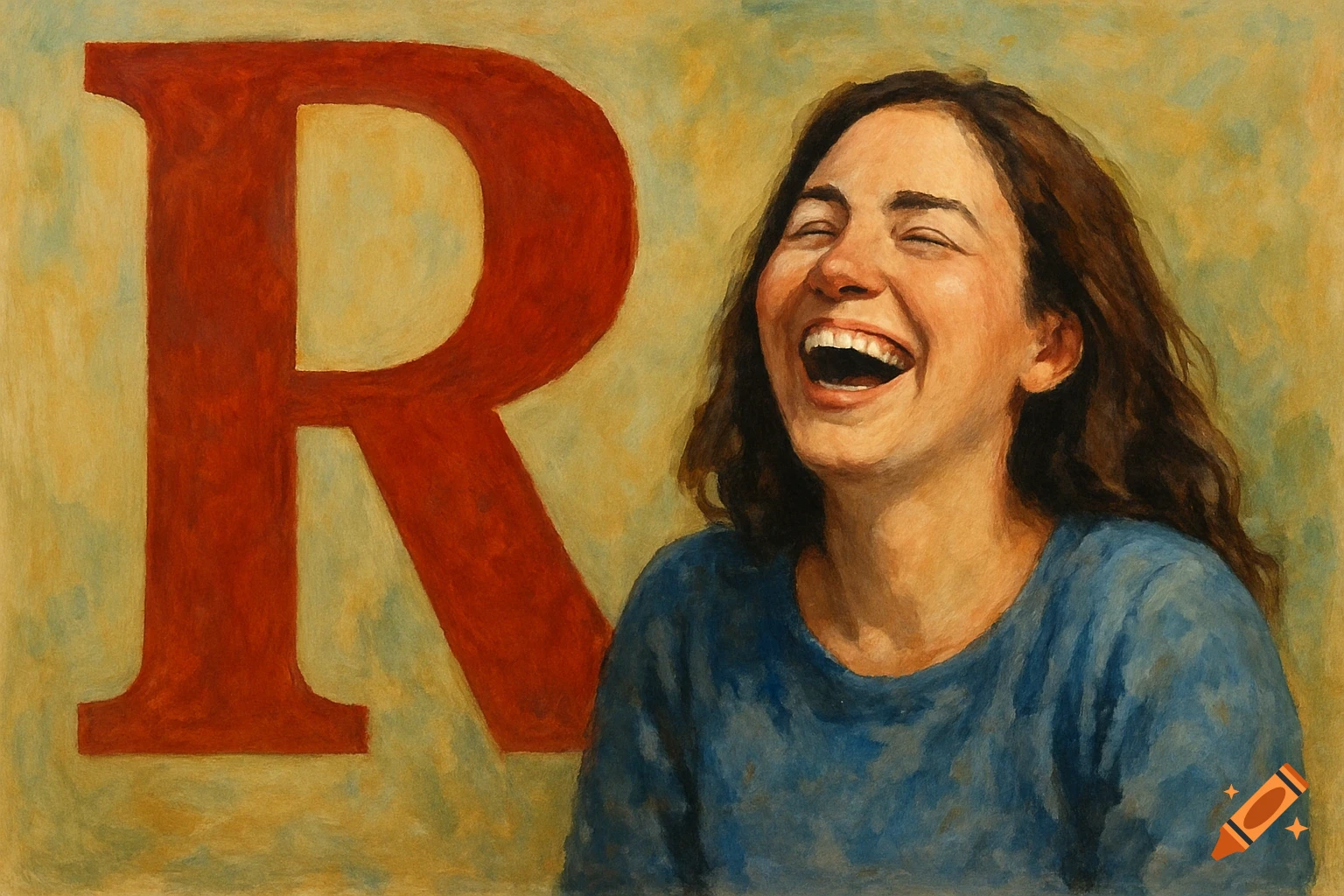 A painting of a woman with long brown hair laughing, standing in front of a large red letter 'R' on a yellow-green background.