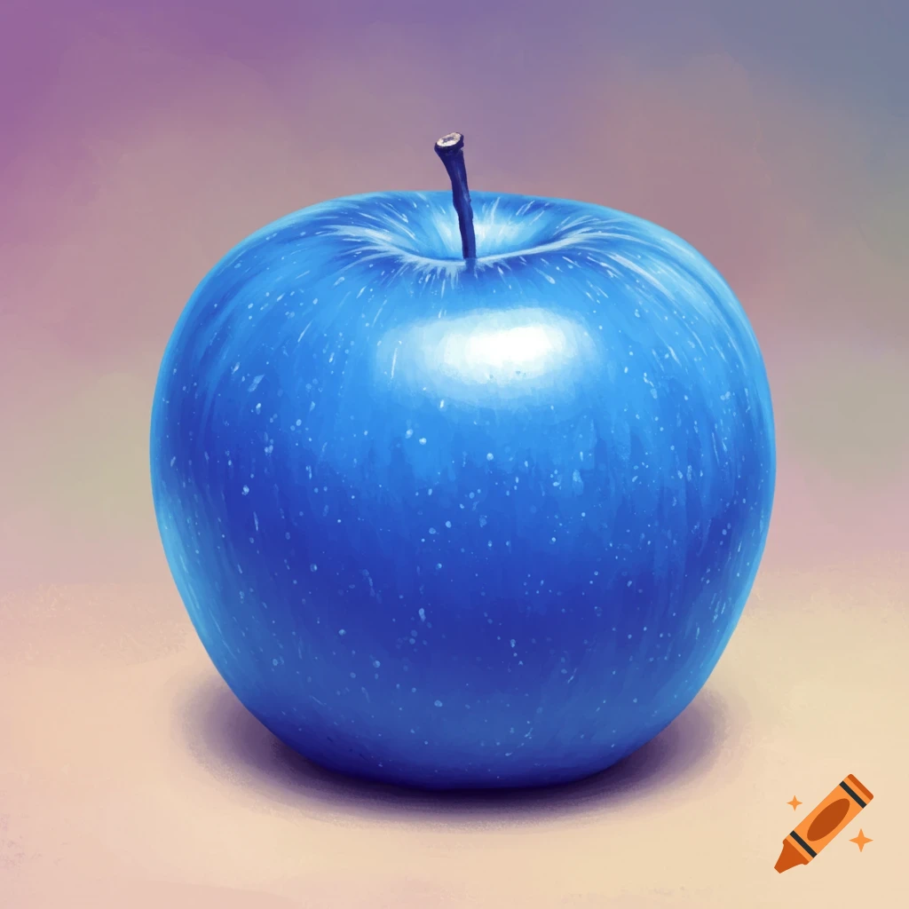A vibrant blue apple with a stem, depicted in a painterly style against a soft, blended background.