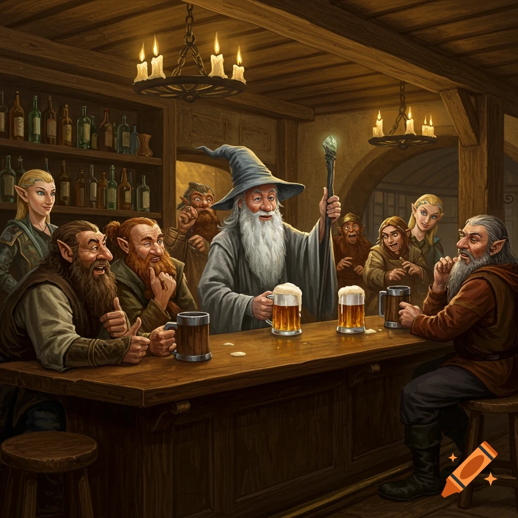 Gandalf and a group of dwarves and elves enjoying drinks at a rustic, candlelit tavern bar in a fantasy illustration.
