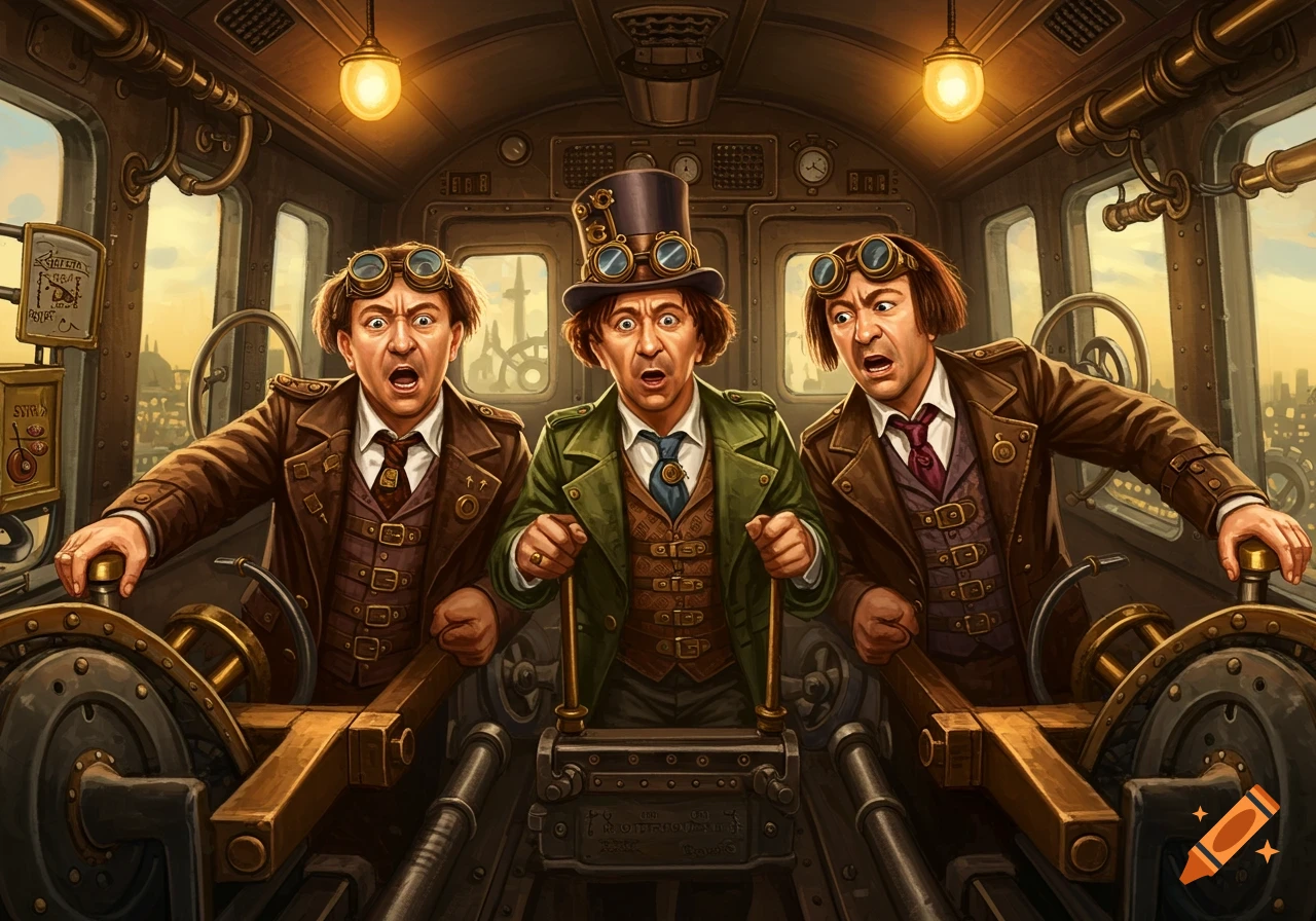 Three surprised men in steampunk attire and goggles operate machinery in a train's cockpit, looking out a window.