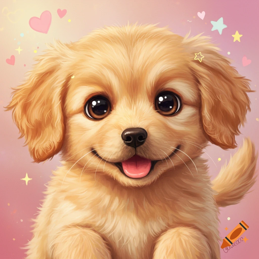 A close-up illustration of a cute golden retriever puppy with big brown eyes, a pink tongue, and a happy smile, surrounded by pink hearts and stars on a pink background.