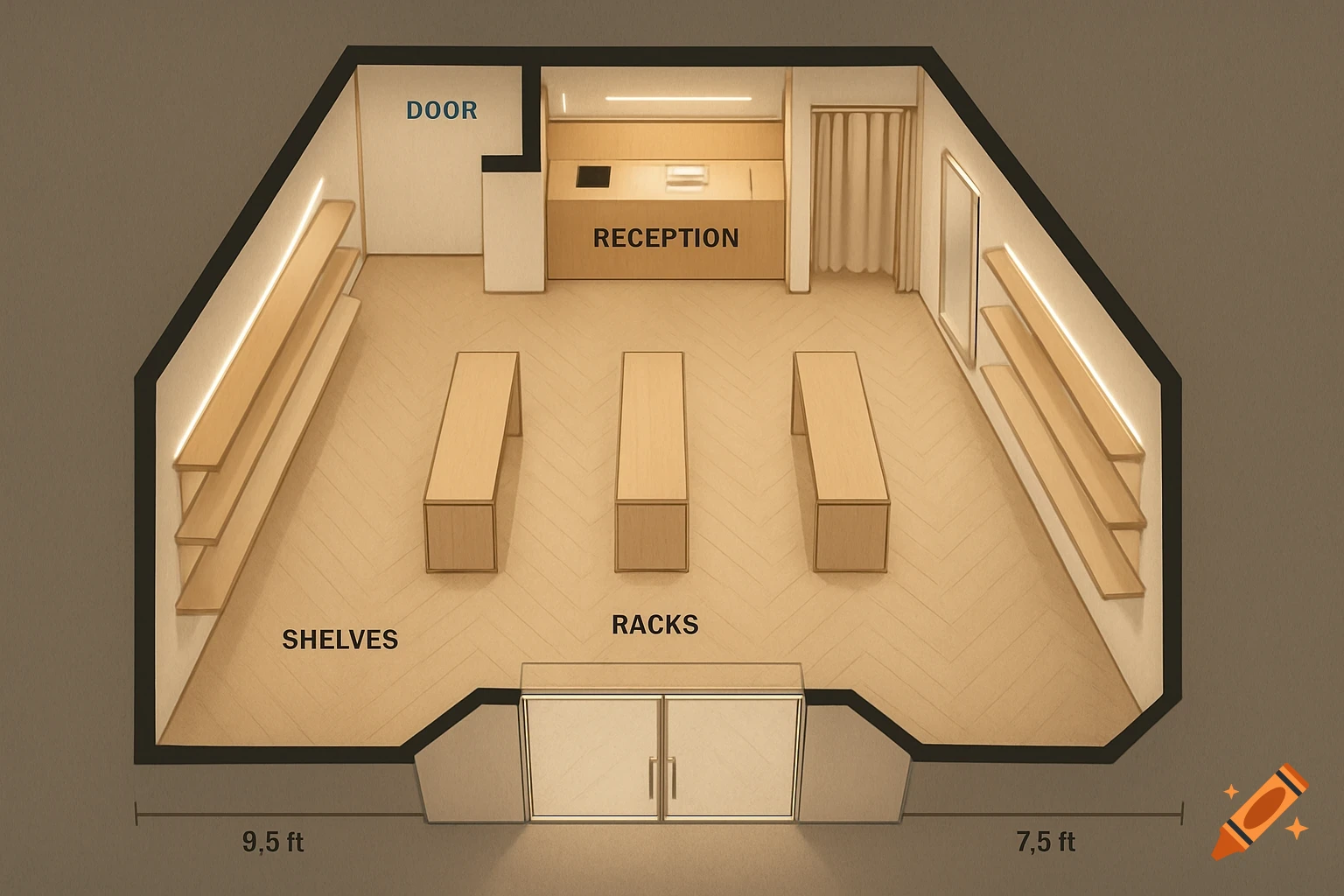 Top-down view of a modern boutique store floor plan with shelves, racks, reception, and fitting room, labeled.