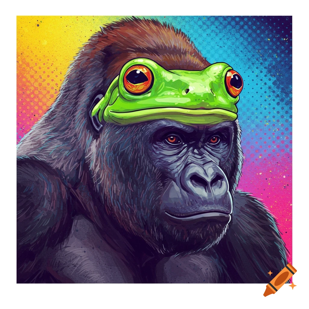 A gorilla wearing a bright green frog on its head, depicted in a vibrant pop art style with a colorful, dotted background.
