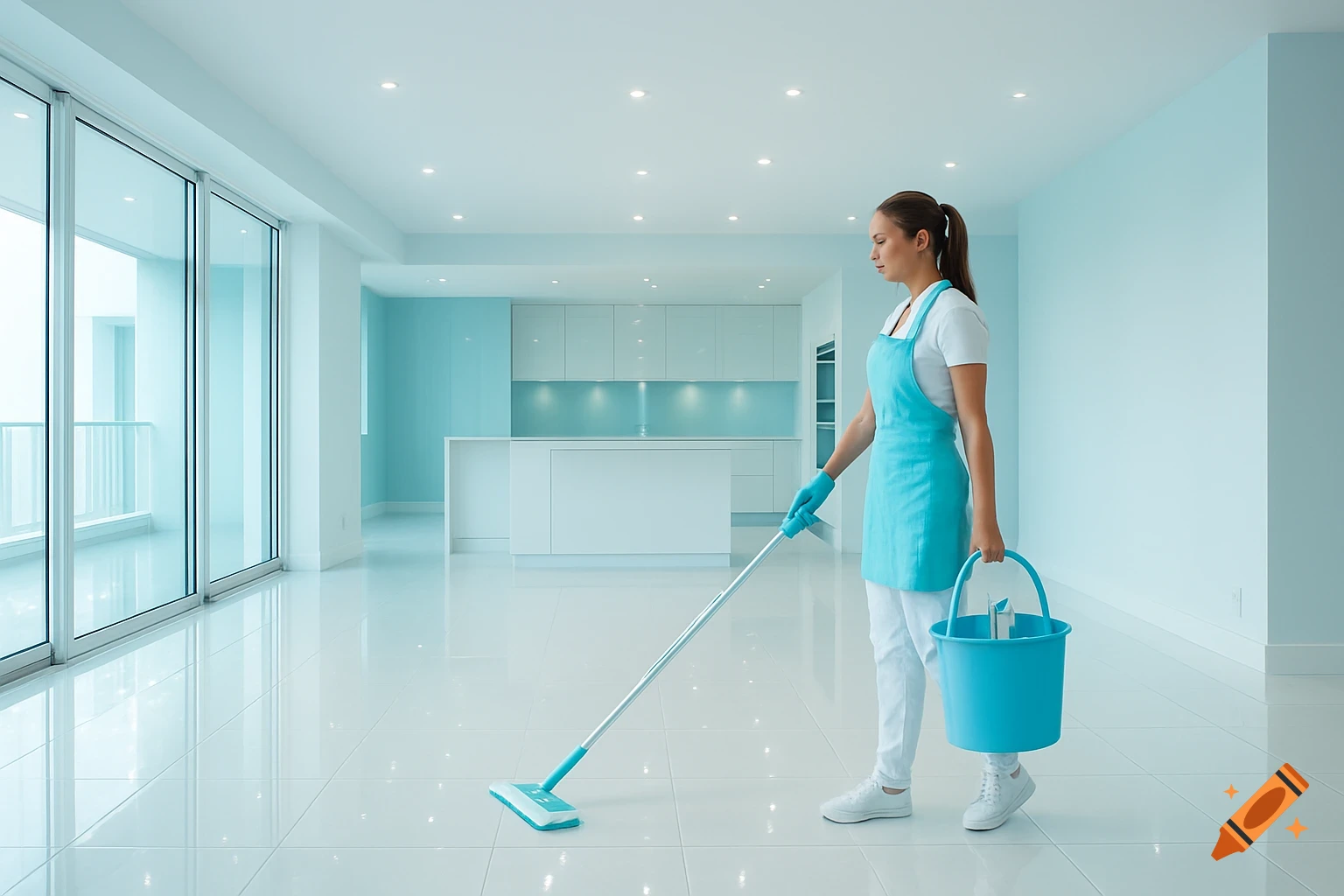 A professional cleaner mops the tiled floor of a bright, minimalist modern home with a blue and white aesthetic. Photorealistic.