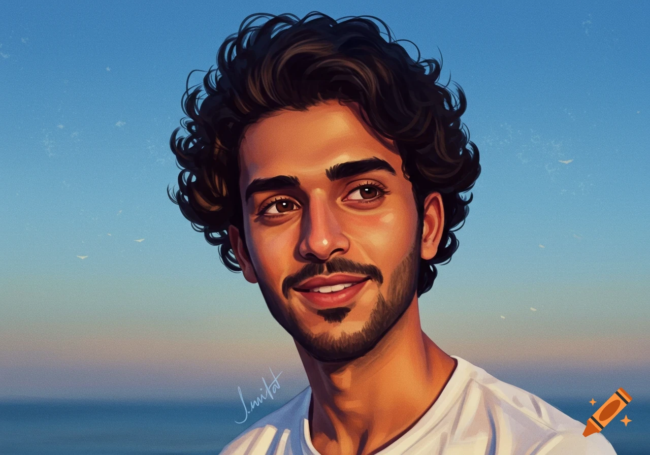 An illustration of a young man with dark, curly hair and a beard, smiling against a blue sky and ocean background.