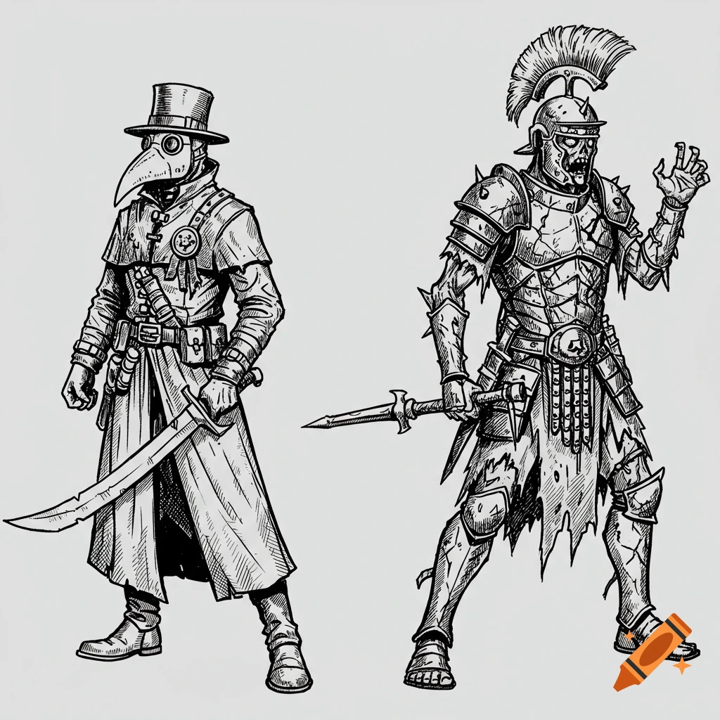Two black and white line art figures: a plague doctor knight with a curved sword and a zombie centurion with a gladius, against a blank background.