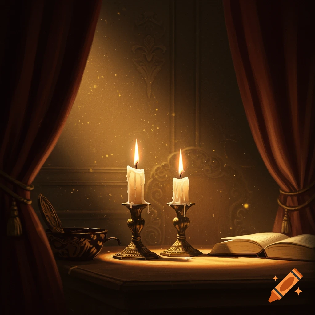 Two lit candles on a table with an open book and red curtains, bathed in warm, soft light.