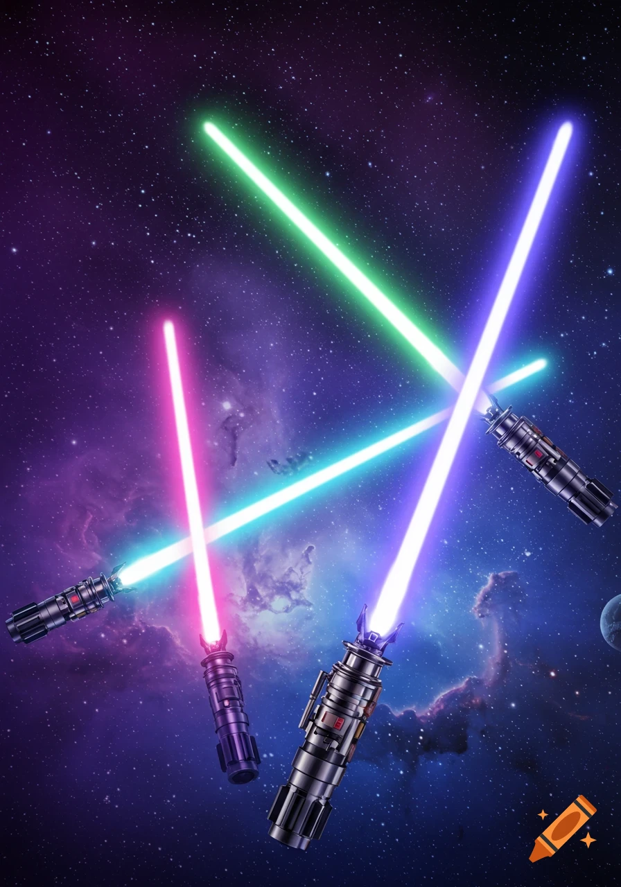 Multiple colorful lightsabers intersecting in a vibrant starry space scene.