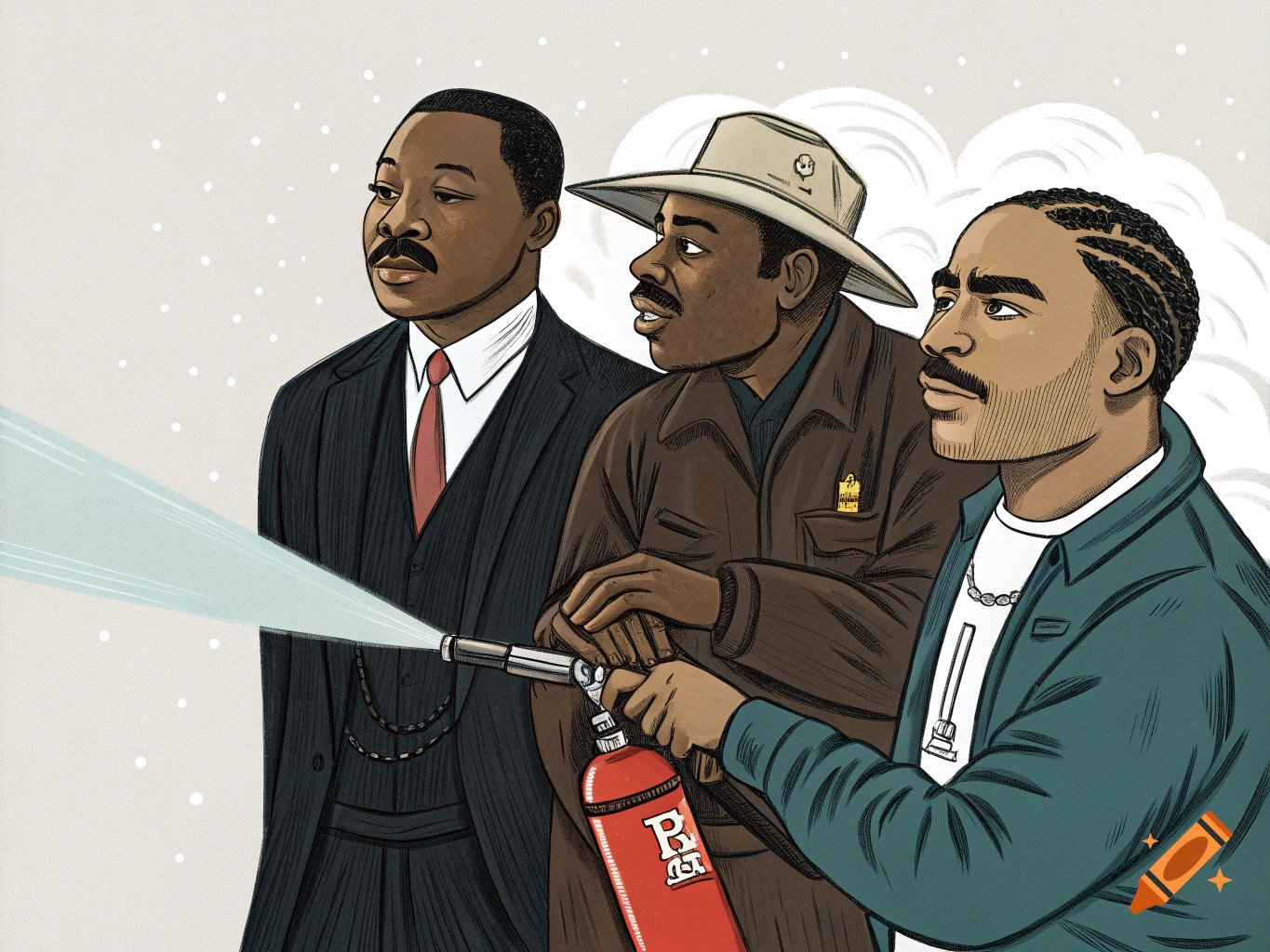 An illustration of Martin Luther King Jr., Emiliano Zapata, and Tupac Shakur, with Tupac spraying a fire extinguisher.