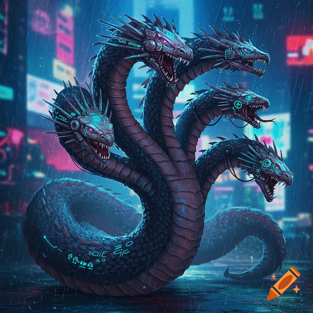 A multi-headed cyberpunk hydra with glowing blue accents stands in a rainy, neon-lit city street at night.