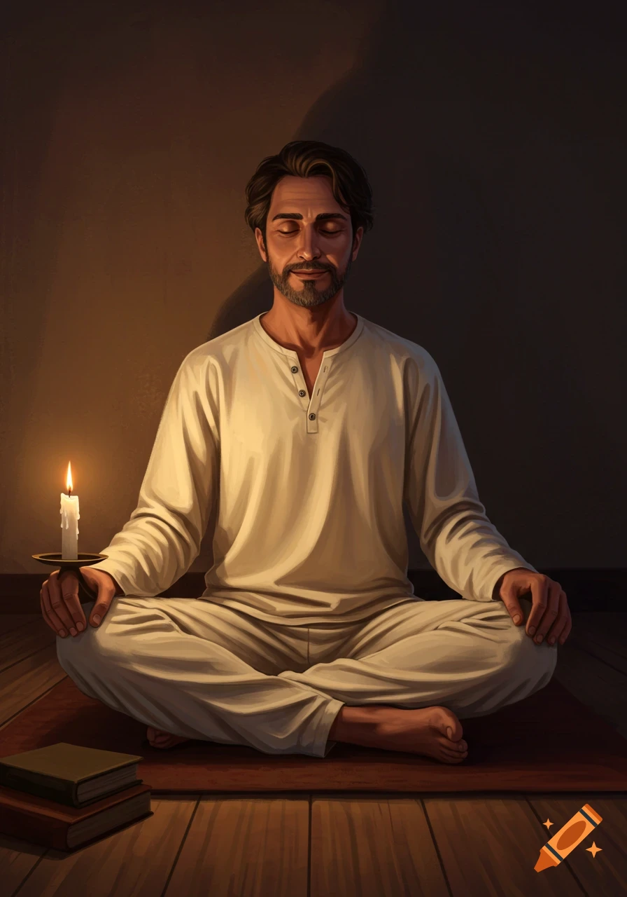 A man meditates cross-legged in a dimly lit room, holding a lit candle, with a stack of books nearby.