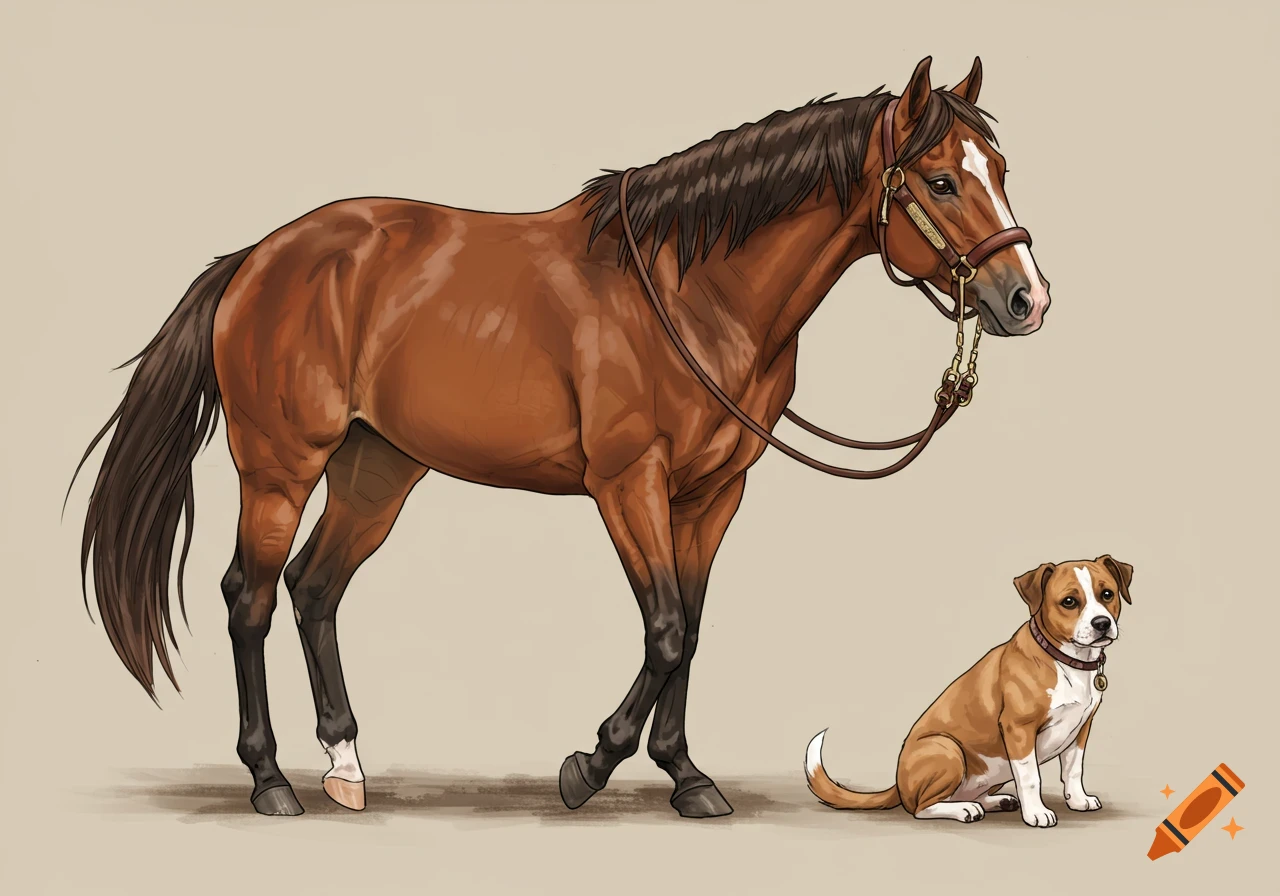 An illustration of a brown quarter horse with a bridle standing next to a small brown and white dog sitting on a light background.