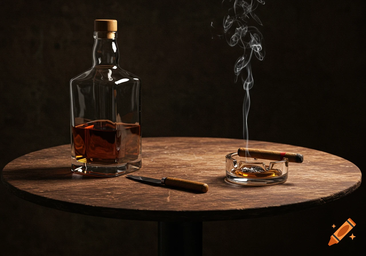 A photorealistic image of a half-empty whiskey bottle, a smoking cigar in an ashtray, and a small knife on a worn wooden table in a dimly lit room.