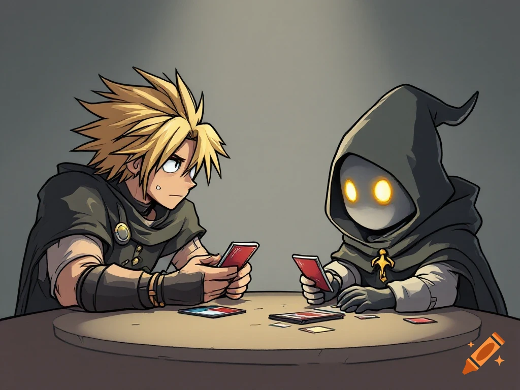 Cloud from Final Fantasy 7 and Vivi playing a card game in a comic style.