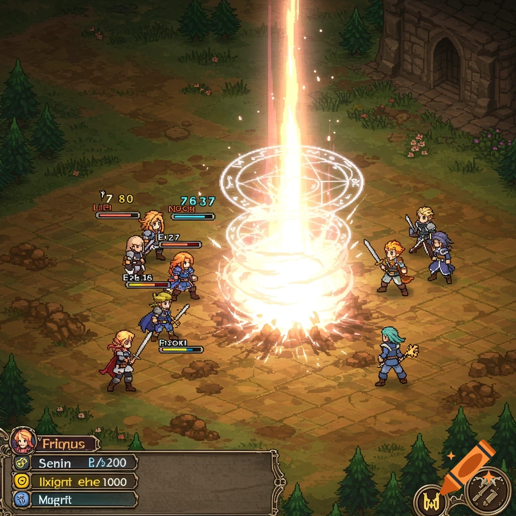 Pixel art RPG battle scene with characters fighting a bright magical explosion in a fantasy landscape.