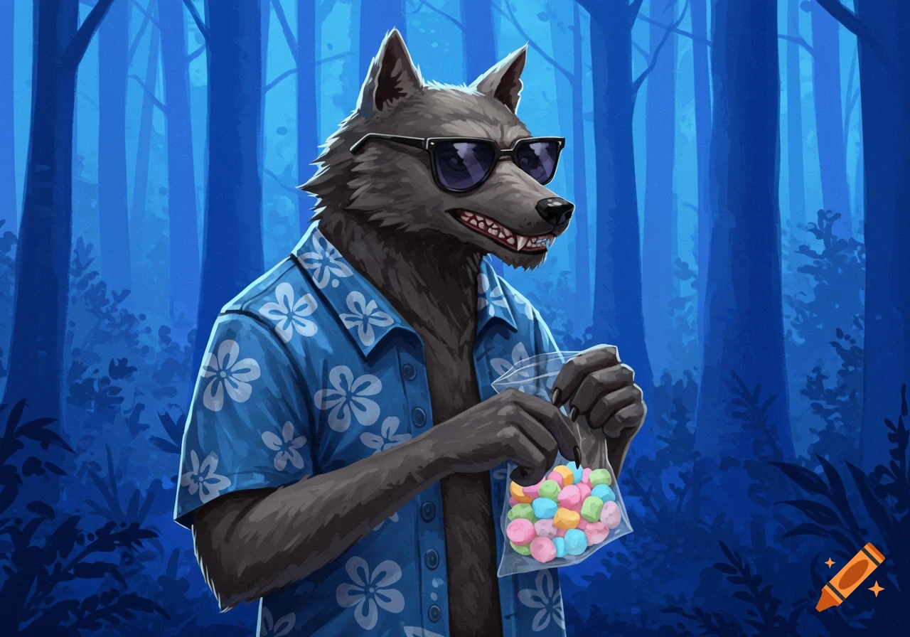 A wolfman wearing sunglasses and a blue Hawaiian shirt holds a bag of colorful marshmallows in a blue forest.