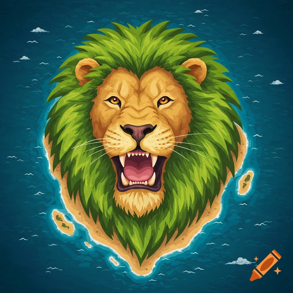 An illustration of a lion's head shaped island with green foliage as the mane, surrounded by blue ocean.