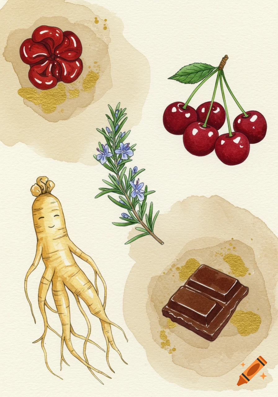 A watercolor illustration of various natural elements including a red flower-like object, cherries, rosemary, a smiling ginseng root, and a chocolate bar on a light background.