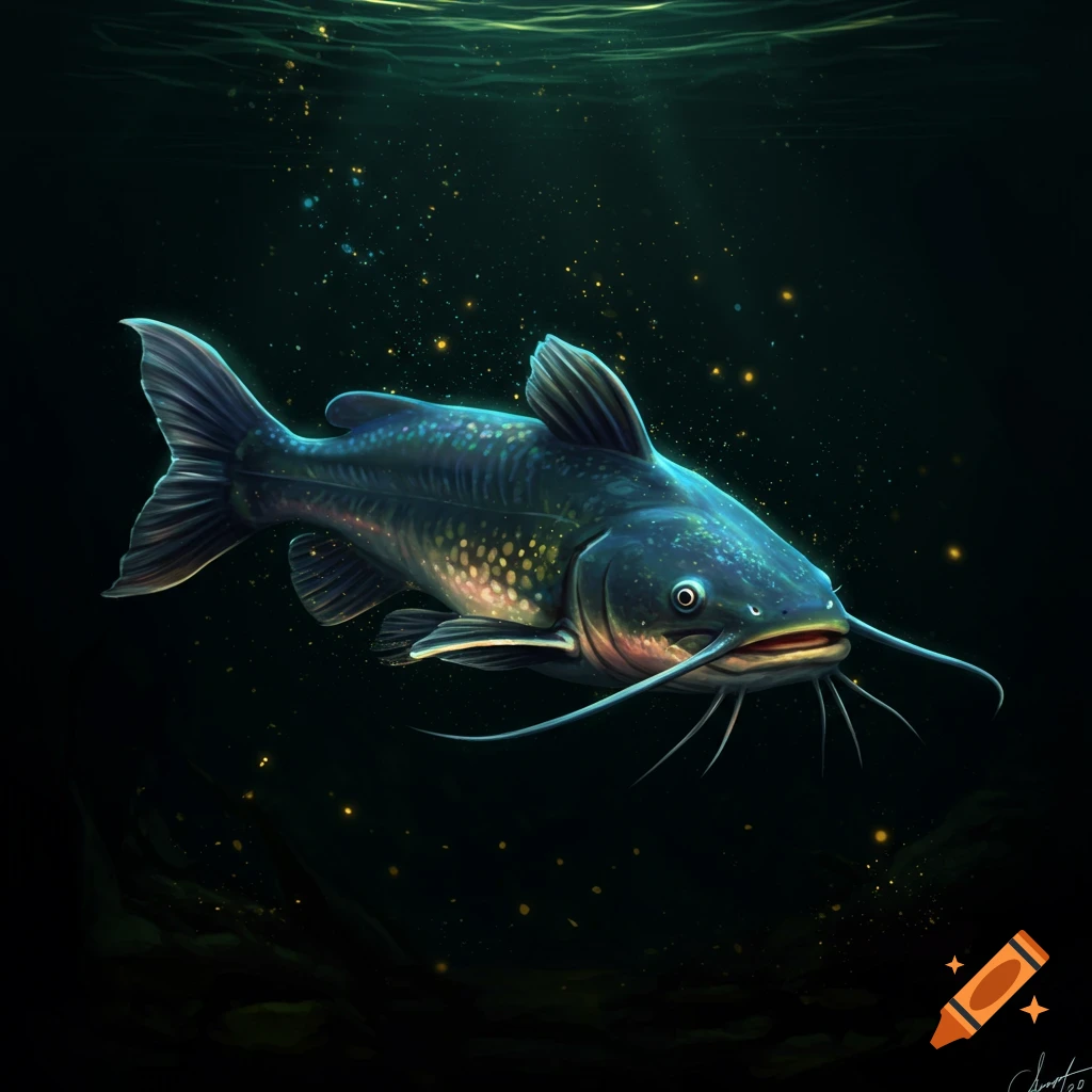 A large dark blue catfish with long whiskers swims underwater, illuminated by glowing particles.