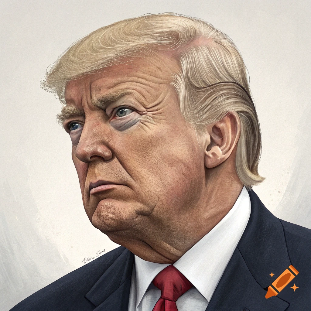 A detailed caricature portrait of Donald Trump looking to the left, with blond hair and a blue suit with a red tie.