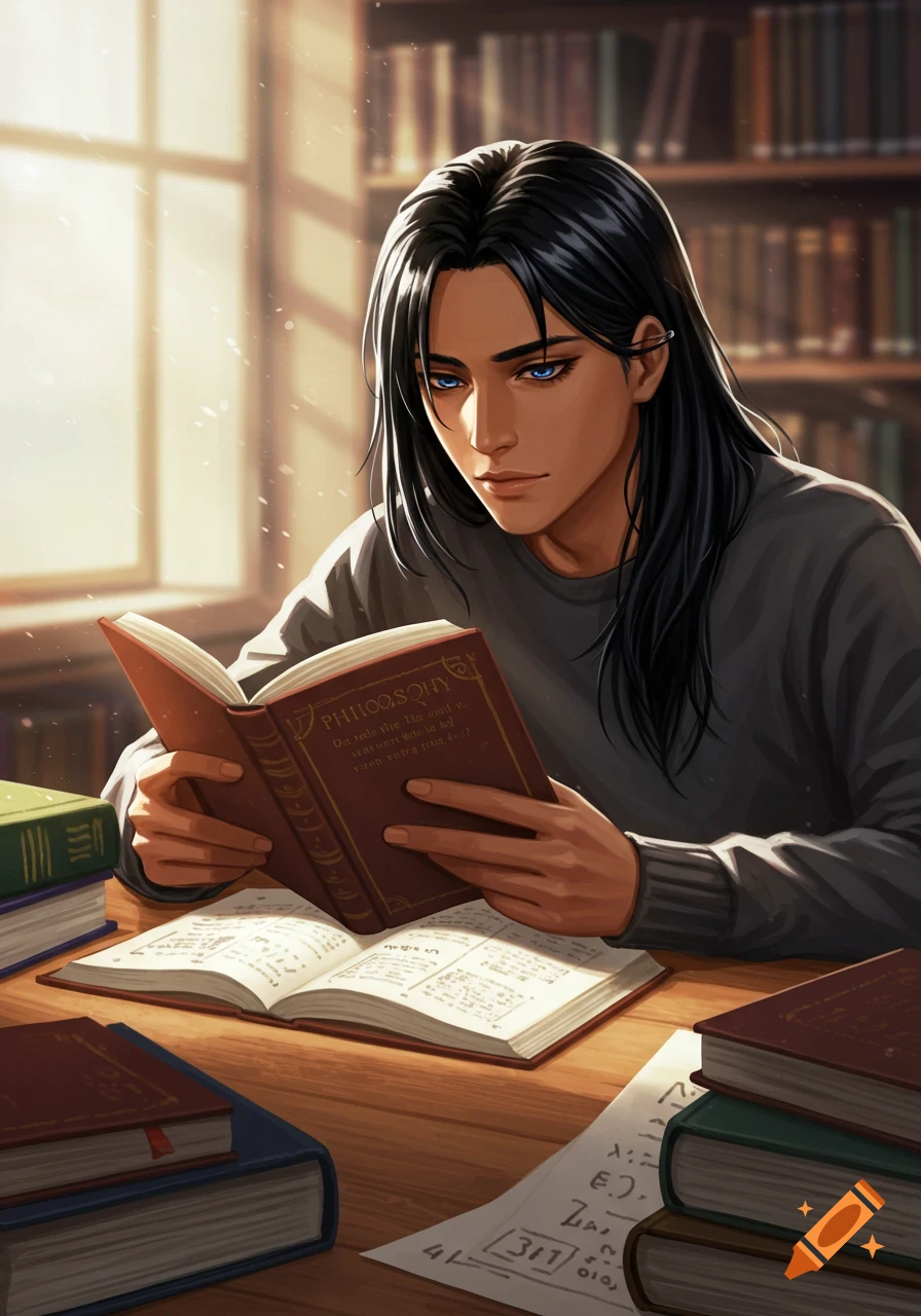An anime-style illustration of a university student with long black hair and blue eyes, reading a philosophy book in a sunlit library.
