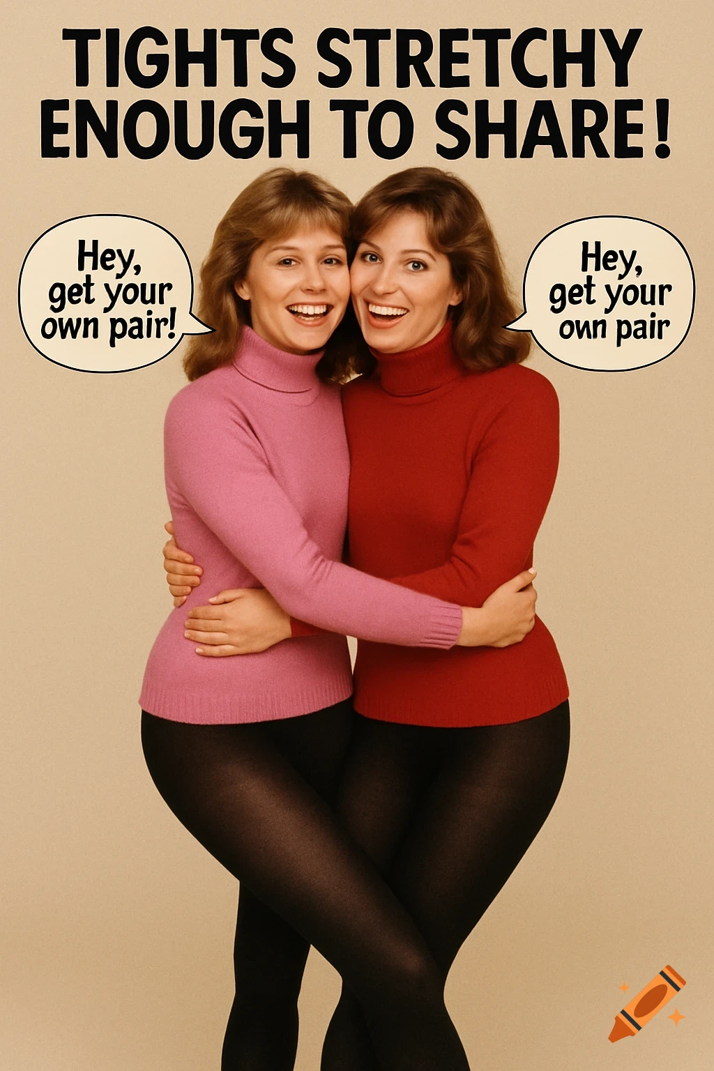 A humorous 1980s ad featuring two women in turtlenecks and black tights, with their legs merged into one pair. Text reads "TIGHTS STRETCHY ENOUGH TO SHARE!" and "Hey, get your own pair!"