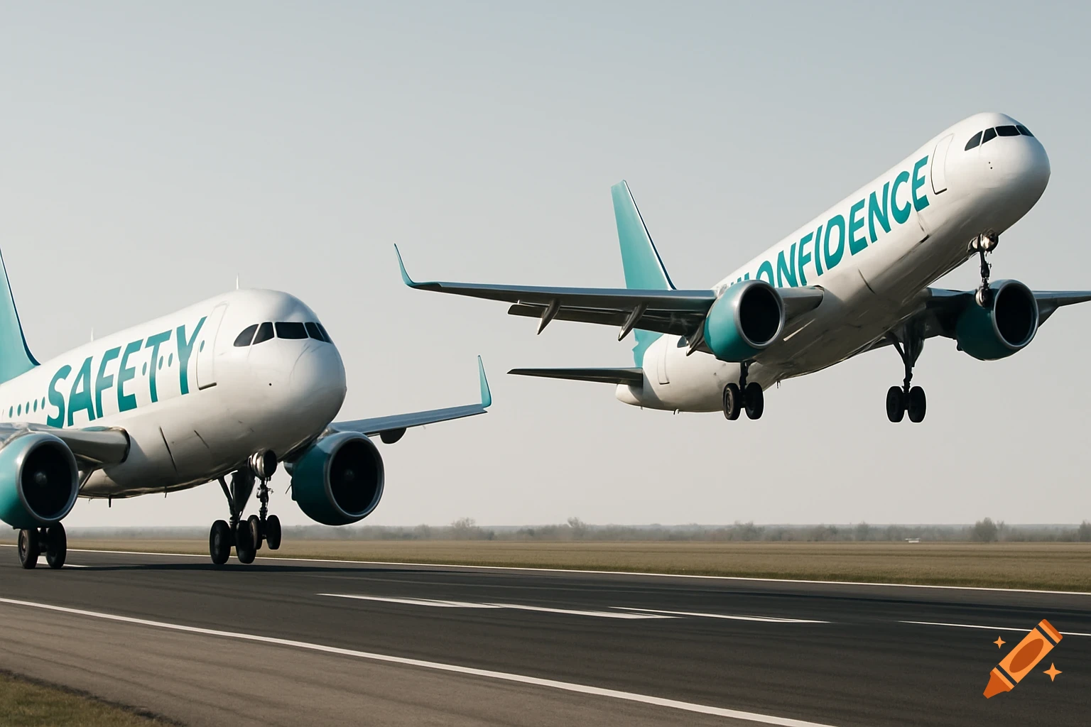 Two white and teal airplanes on a runway, one landing and one taking off. The left plane says 'SAFETY' and the right says 'CONFIDENCE'.