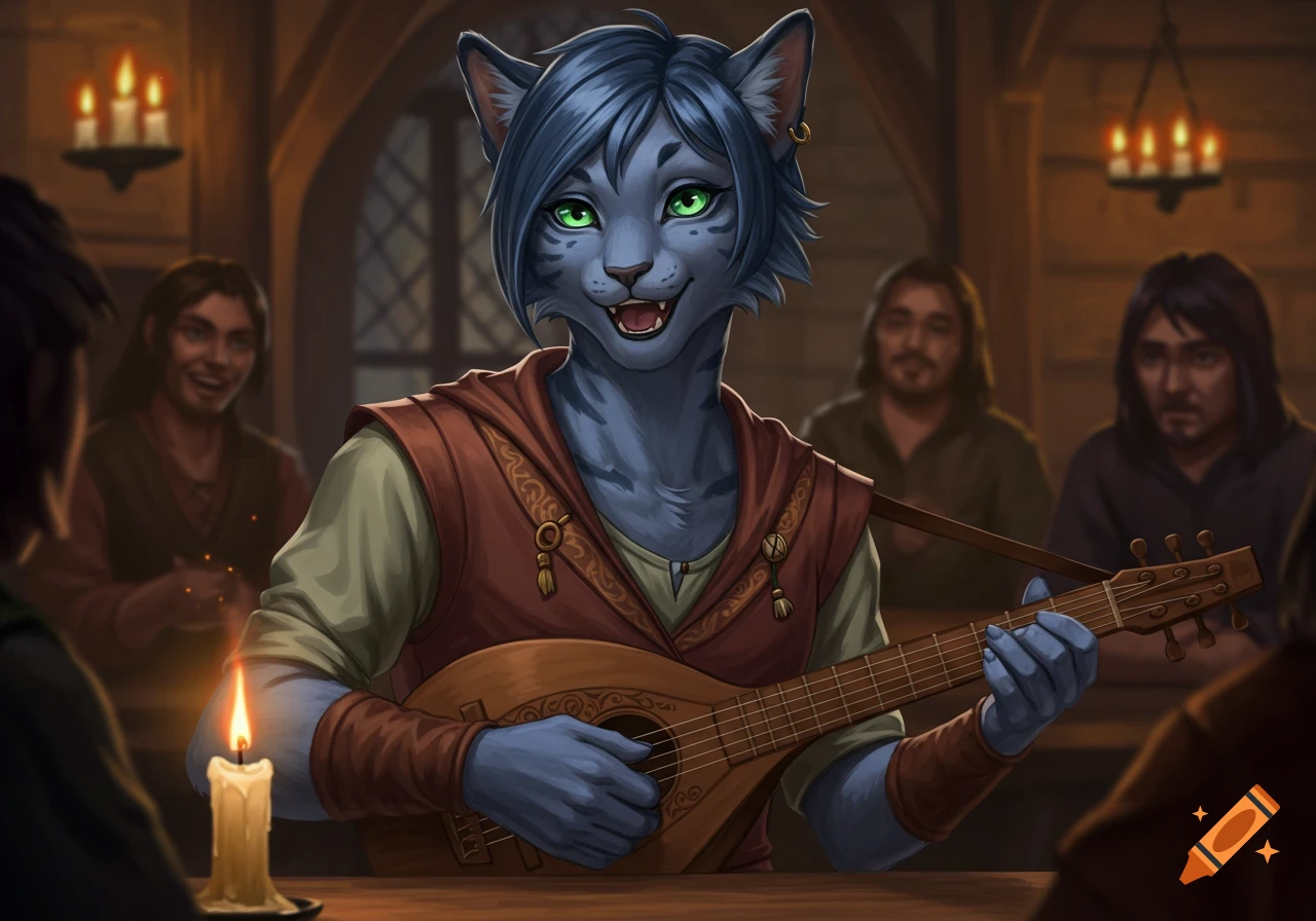 A blue-grey tabaxi bard with green eyes plays a lute in a dimly lit tavern, with patrons blurred in the background, digital painting.