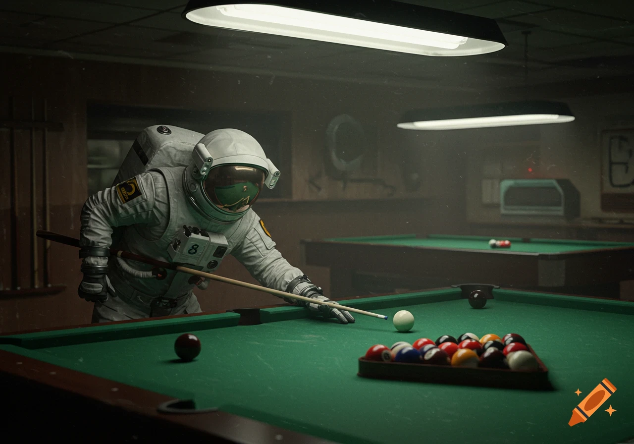 A photorealistic image of an astronaut in a white spacesuit playing pool in a dimly lit, grungy pool hall.