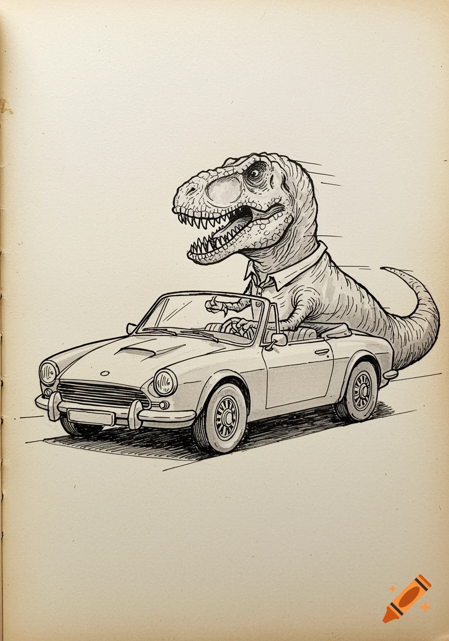 Black and white line art drawing of a T-Rex wearing a shirt and driving a vintage convertible car on a road, styled like a coloring page.