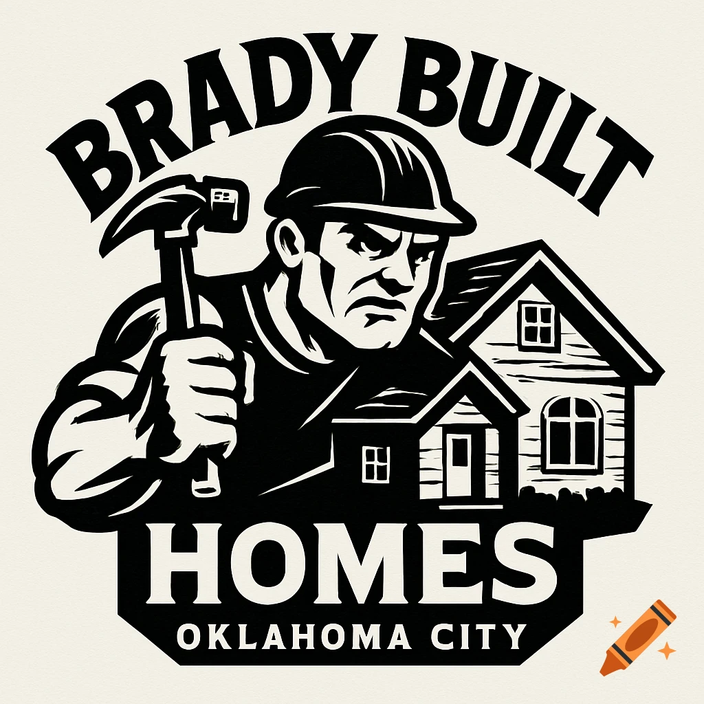Black and white logo for Brady Built Homes featuring a stern construction worker holding a hammer next to two houses, with text 'Oklahoma City'.