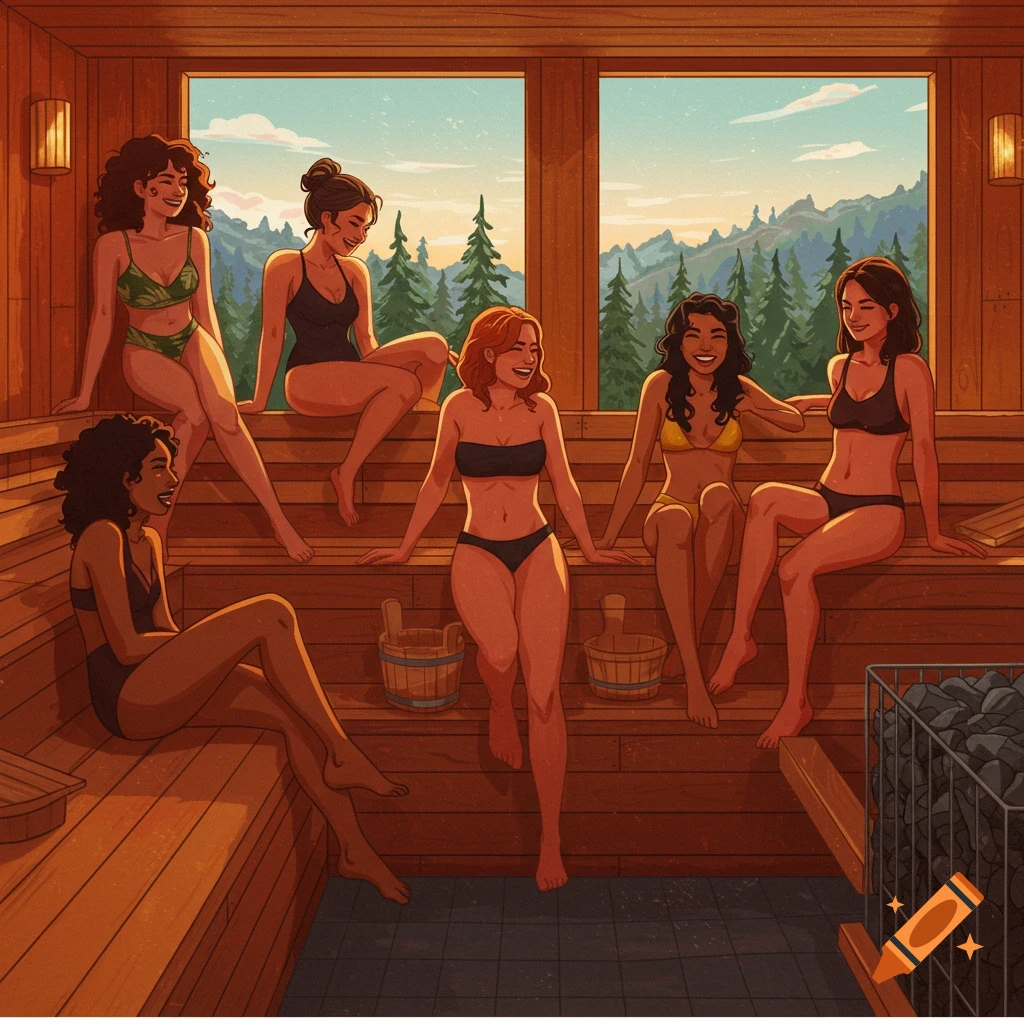 Illustration of six diverse women in swimsuits relaxing on wooden benches in a sauna, with mountains visible through the window.