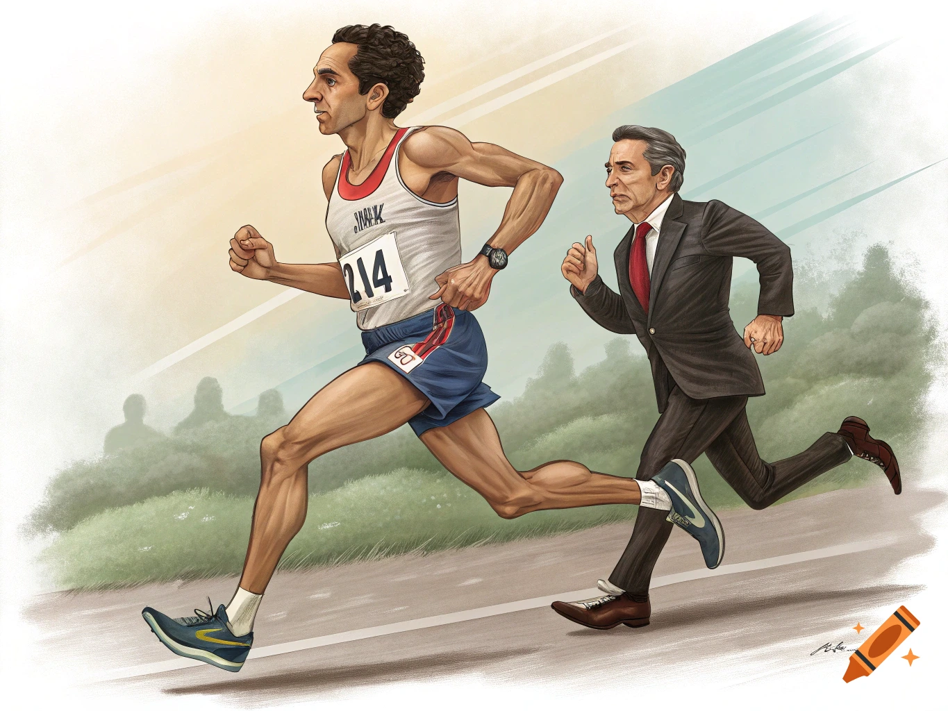 A colorful illustration depicts a caricatured Zohran Mamdani, in a running singlet, leading a similarly caricatured Andrew Cuomo, in a suit, in a footrace on a road.