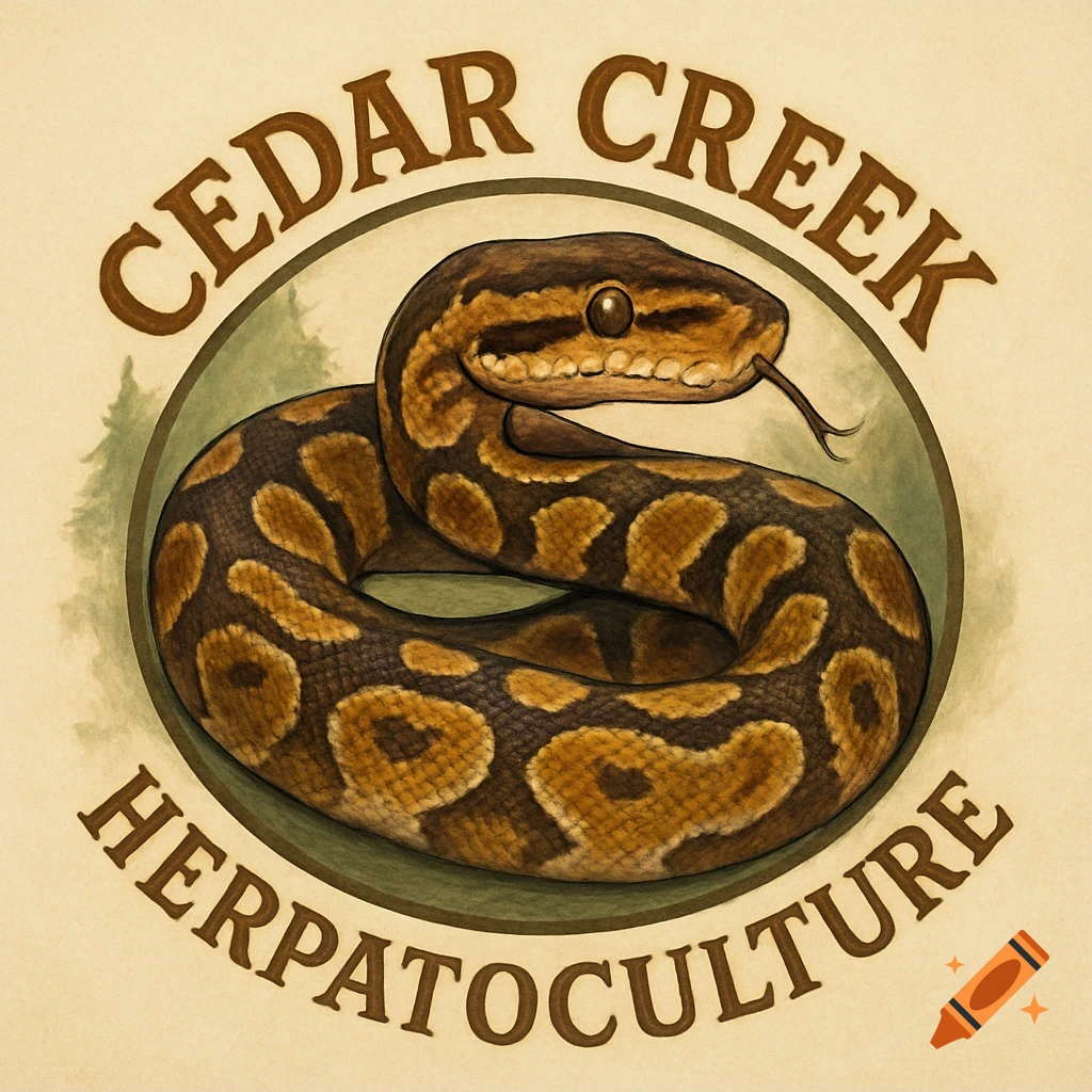 A vintage-style logo featuring a coiled ball python snake with its tongue out, encircled by the text 'CEDAR CREEK HERPATOCULTURE'.