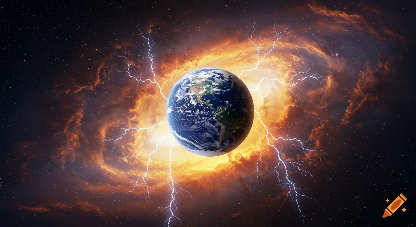 Photorealistic image of Earth in space, surrounded by a swirling orange and red nebula with bolts of white lightning.