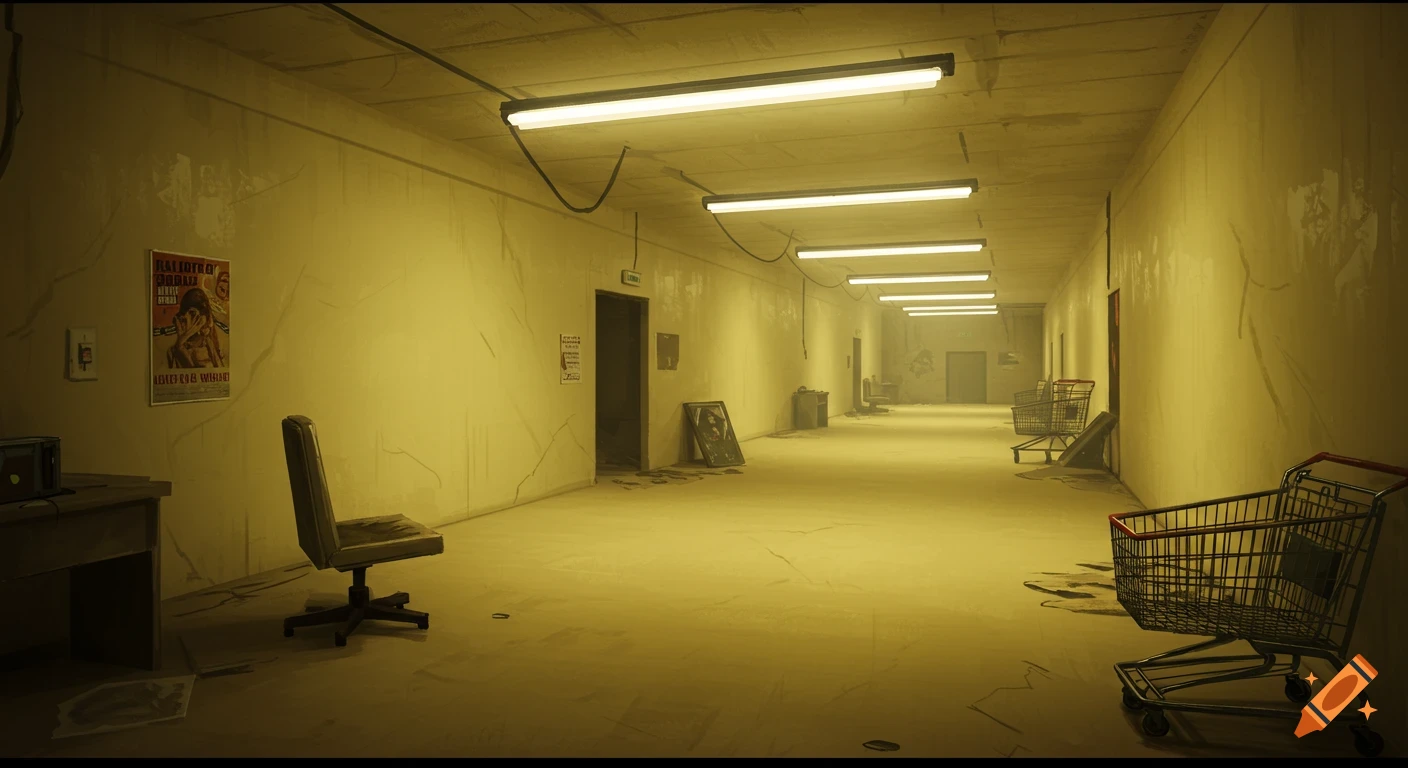 A long, dimly lit hallway with yellowed walls, fluorescent lights, scattered abandoned office furniture, and shopping carts.