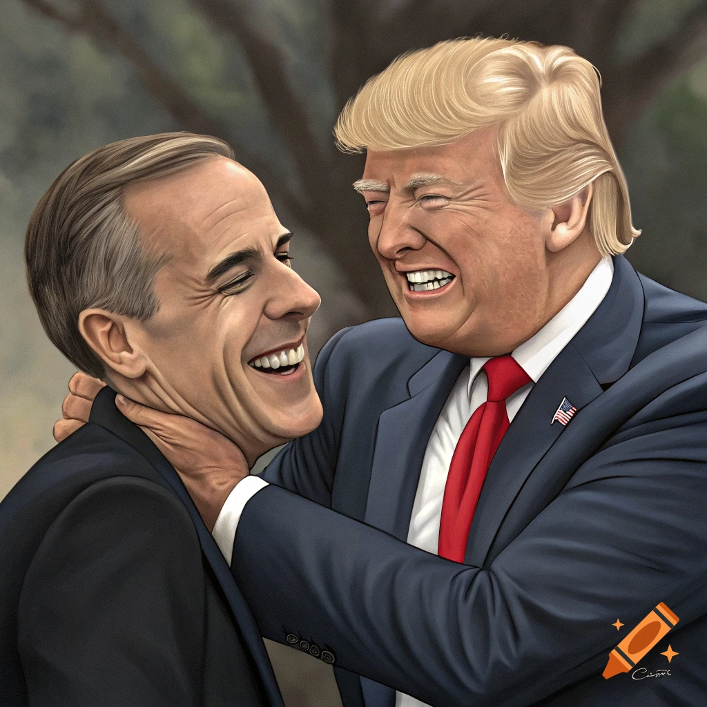 A jovial caricature of Donald Trump with his arm around Mark Carney's neck, both laughing loudly in a playful manner.